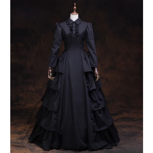 Vintage / Retro Medieval Gothic Black Ball Gown Prom Dresses 2021 Long Sleeve High Neck Floor-Length / Long Buttons Satin Solid Color Cosplay Prom Formal Dresses
