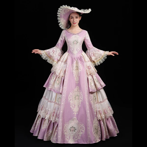 Vintage / Retro Medieval Lavender Ball Gown Prom Dresses 2021 U-Neck Long Sleeve Floor-Length / Long Lace Appliques Embroidered Cosplay Prom Formal Dresses