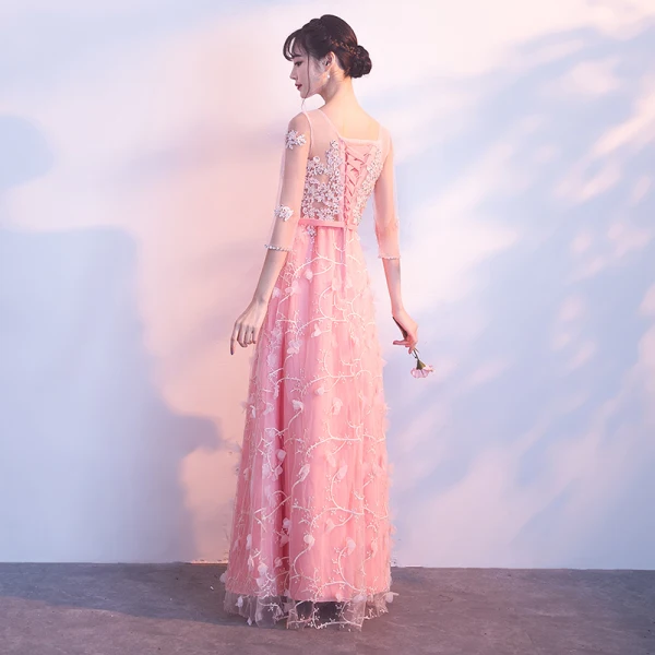 Chic / Beautiful Candy Pink Floor-Length / Long Evening Dresses 2018 A-Line / Princess V-Neck Tulle Appliques Backless Beading Sequins Evening Party Formal Dresses