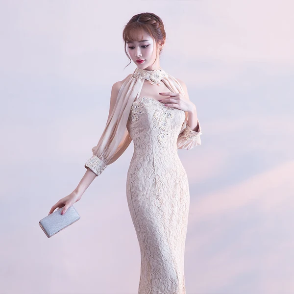Chic / Beautiful Champagne Evening Dresses 2017 Trumpet / Mermaid Lace Strapless Appliques Beading Rhinestone Evening Party Formal Dresses