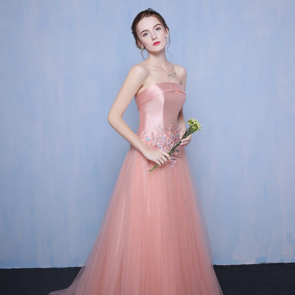Chic / Beautiful Pearl Pink Evening Dresses 2018 A-Line / Princess Tulle Strapless Appliques Backless Beading Evening Party Formal Dresses