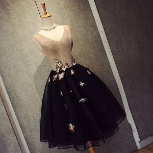 Chic Beautiful Black Graduation Dresses 2018 A Line Princess Tulle V Neck Beading Butterfly Backless Homecoming Formal Dresses