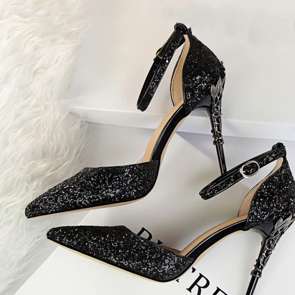 Sparkly Silver High Heels 2018 Cocktail Party Evening Party Prom 9 cm Heels Pointed Toe Ankle Strap Glitter Womens Shoes