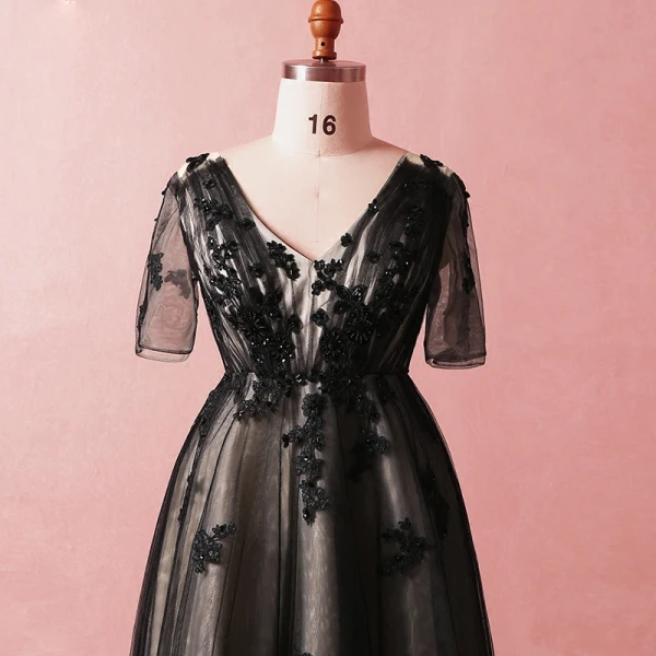 Chic / Belle Noire Grande Taille Robe De Soirée 2018 Princesse 1/2 Manches V-Cou Tulle En Dentelle Bretelles croisées Appliques Dos Nu Perlage Été Soirée Robe De Ceremonie