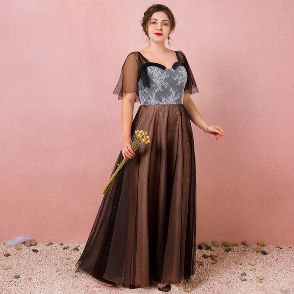 Classic Elegant Black Plus Size Evening Dresses 2018 Summer Tulle Lace-Up V-Neck A-Line
