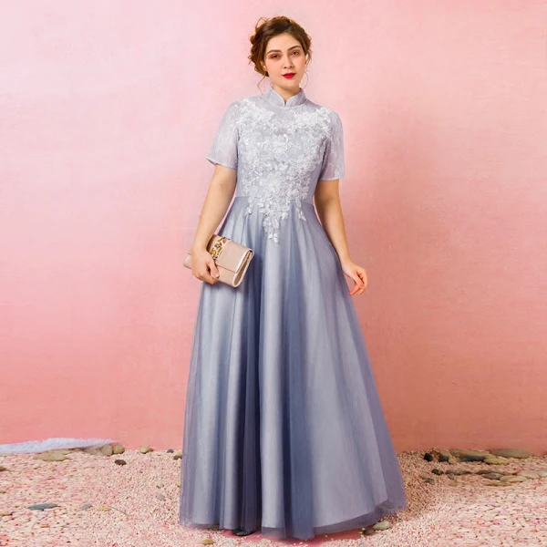 Chinese style Sky Blue Plus Size Prom Dresses 2018 A-Line / Princess Lace-up Tulle High Neck Appliques Backless Evening Party Prom Evening Dresses