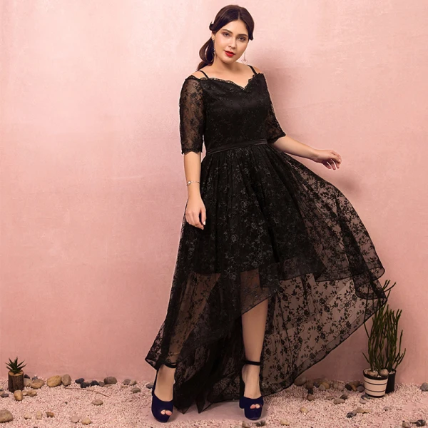 Chic / Beautiful Black Plus Size Cocktail Dresses 2018 1/2 Sleeves A-Line / Princess Lace-up V-Neck Tulle Appliques Backless Cocktail Party Formal Dresses