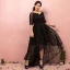 Chic / Beautiful Black Plus Size Cocktail Dresses 2018 1/2 Sleeves A-Line / Princess Lace-up V-Neck Tulle Appliques Backless Cocktail Party Formal Dresses