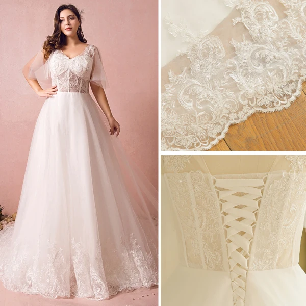Luxus / Herrlich Weiß Brautkleider 2017 A Linie V-Ausschnitt Tülle Mit Spitze Pailletten Perlenstickerei Applikationen Rückenfreies Hochzeit
