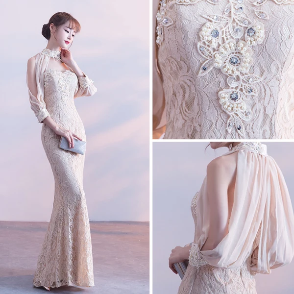 Chic / Beautiful Champagne Evening Dresses 2017 Trumpet / Mermaid Lace Strapless Appliques Beading Rhinestone Evening Party Formal Dresses