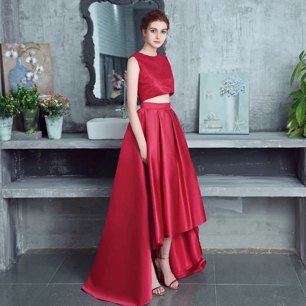 2 Piece Burgundy Cocktail Dresses 2017 A-Line / Princess Charmeuse U-Neck Lace Embroidered Cocktail Party Formal Dresses