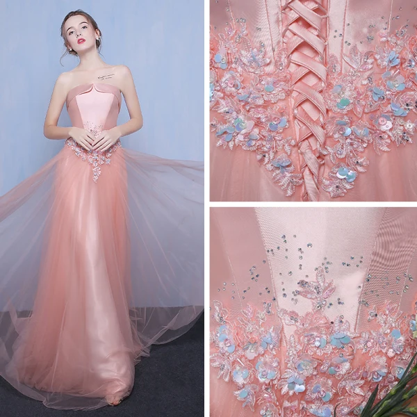 Chic / Beautiful Pearl Pink Evening Dresses 2018 A-Line / Princess Tulle Strapless Appliques Backless Beading Evening Party Formal Dresses