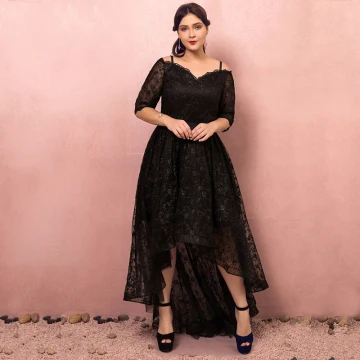Chic Belle Noire Grande Taille Robe De Cocktail 2018 1 2 Manches Princesse Lacer V Cou Tulle Appliques Dos Nu Cocktail Robe De Ceremonie