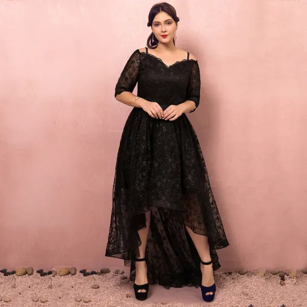 Chic / Beautiful Black Plus Size Cocktail Dresses 2018 1/2 Sleeves A-Line / Princess Lace-up V-Neck Tulle Appliques Backless Cocktail Party Formal Dresses