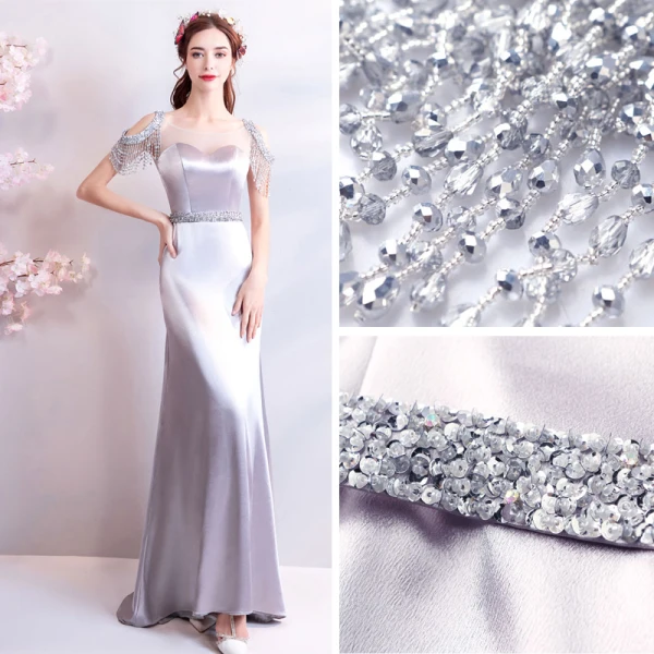 Amazing / Unique Trumpet / Mermaid Silver U-Neck 2018 Evening Dresses  Backless Beading Sequins Charmeuse Evening Party Formal Dresses