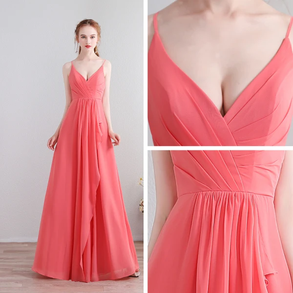 Amazing / Unique Floor-Length / Long Watermelon Formal Dresses 2018 V-Neck A-Line / Princess Chiffon Lace-up Appliques Backless Evening Party Evening Dresses