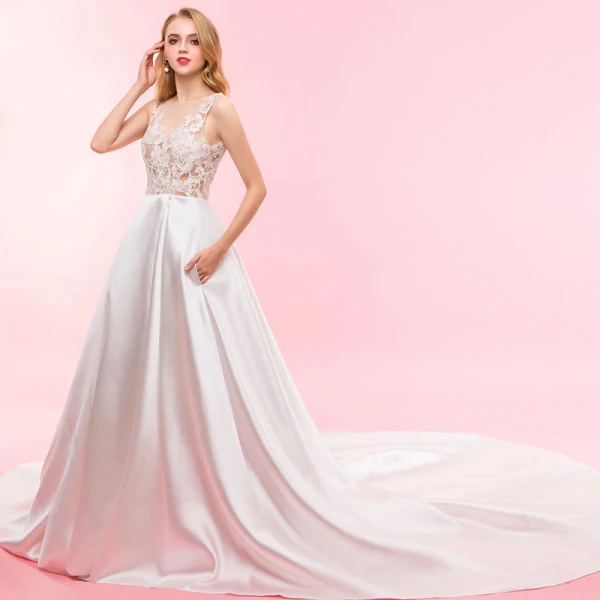 Modern / Fashion Ivory Wedding Cathedral Train 2018 Charmeuse U-Neck See-through Lace-up Backless Pierced Empire Wedding Dresses