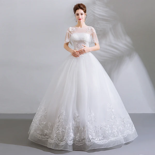 Erschwinglich Weiß Lange Hochzeit 2018 U-Ausschnitt Tülle Perlenstickerei Applikationen Rückenfreies Ballkleid Brautkleider