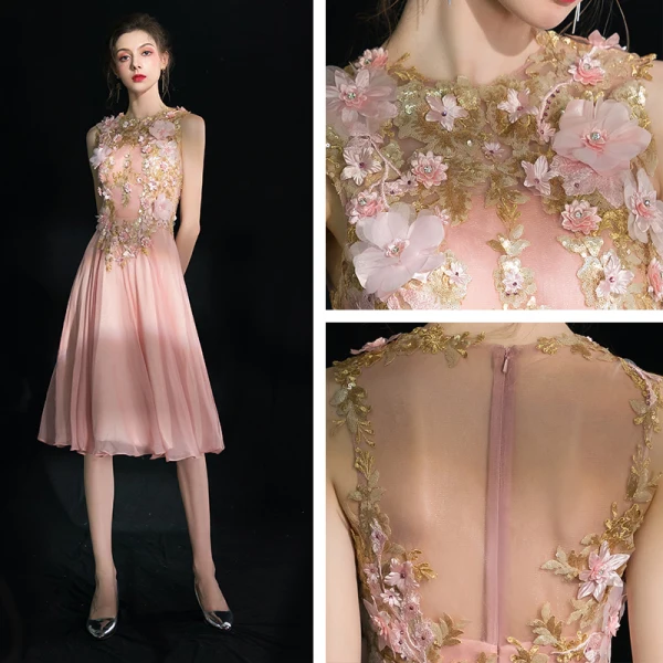 Flower Fairy Pearl Pink Short Graduation Dresses 2018 A-Line / Princess U-Neck Tulle Appliques Backless Beading Rhinestone Homecoming Formal Dresses