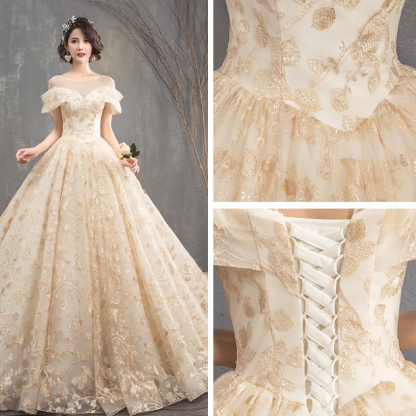 Luxury / Gorgeous Champagne Ball Gown Wedding Dresses 2019 U-Neck Lace Tulle Backless Beading Embroidered Cathedral Train Church Wedding