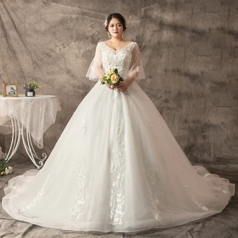 Chic Beautiful White Plus Size Ball Gown Wedding Dresses 2019 V Neck Lace Tulle Handmade Chapel Train Wedding