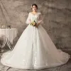 Chic / Beautiful White Plus Size Ball Gown Wedding Dresses 2019 V-Neck Lace Tulle Handmade  Chapel Train Wedding