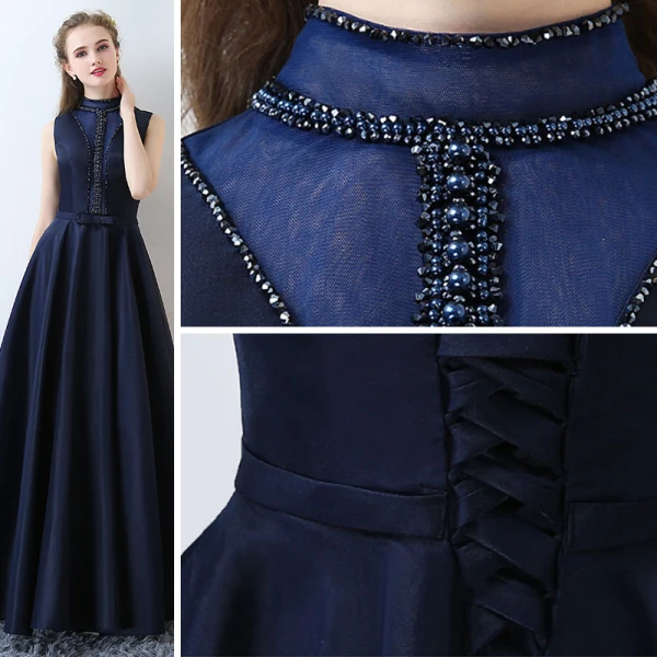 Elegante Marineblau Abendkleider 2017 Ärmellos Rückenfreies Perle Riemchen Charmeuse Festliche Kleider