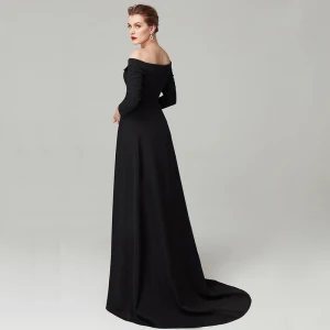 Simple Empire Noire Robe De Soirée 2020 Manches Longues De L 039 Épaule Satin Dos Nu Train De Balayage Soirée Robe De Ceremonie
