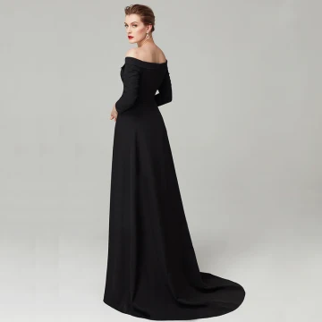 Simple Empire Noire Robe De Soirée 2020 Manches Longues De L 039 Épaule Satin Dos Nu Train De Balayage Soirée Robe De Ceremonie