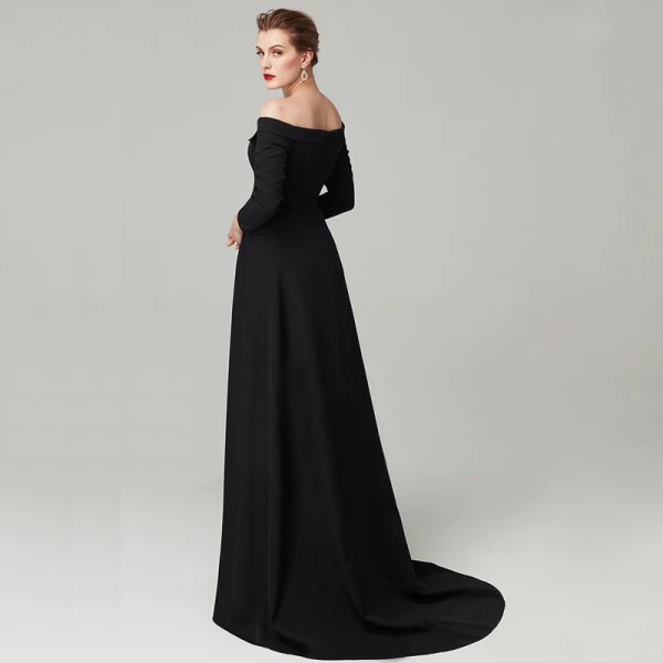 Schlicht Empire Schwarz Abendkleider 2020 Lange Ärmel Off Shoulder Satin Rückenfreies Sweep / Pinsel Zug Abend Festliche Kleider