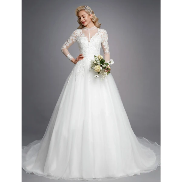 Luxury / Gorgeous White Wedding Dresses 2020 A-Line / Princess High Neck Long Sleeve 3D Lace Zipper Up Appliques Backless Beading Crystal Chapel Train Wedding