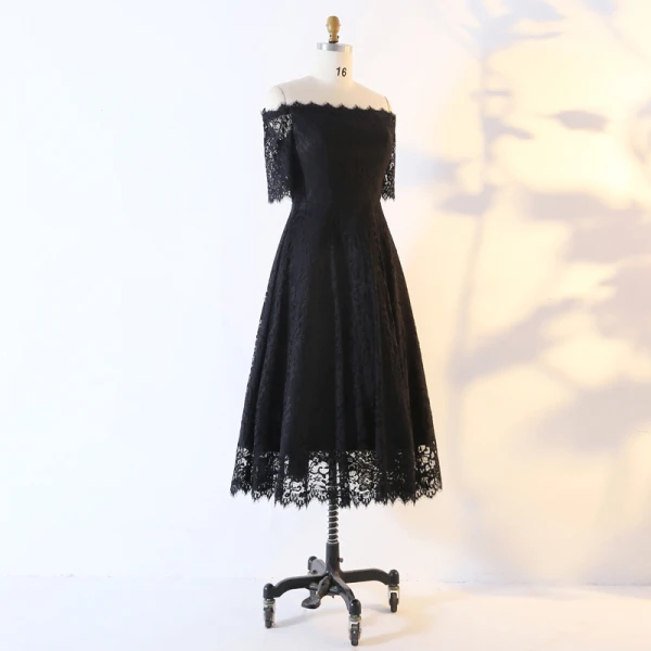 Sexy Stunning Black Evening Dresses 2020 A-Line / Princess 1/2 Sleeves Handmade Solid Color Tea-length Evening Party Outdoor / Garden Summer Formal Dresses