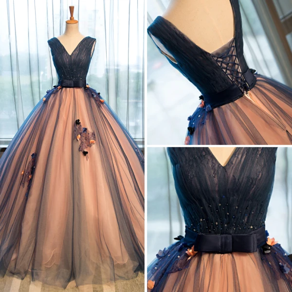 Chic / Beautiful 2017 Navy Blue Prom Dresses V-Neck Lace Strappy Corset Appliques Backless A-Line / Princess Formal Dresses
