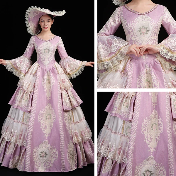 Vintage / Retro Medieval Lavender Ball Gown Prom Dresses 2021 U-Neck Long Sleeve Floor-Length / Long Lace Appliques Embroidered Cosplay Prom Formal Dresses