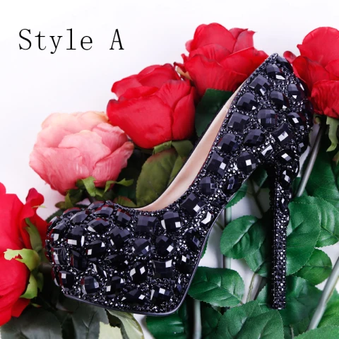Brillante Negro 2018 High Heels 12 cm Rebordear Crystal Rhinestone Tacones Stilettos / Tacones De Aguja Punta Estrecha Boda Gala Zapatos De Mujer