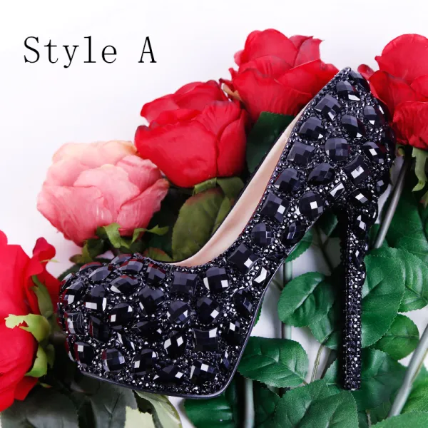 Sparkly Black 2018 High Heels 12 cm Beading Crystal Rhinestone Pumps Stiletto Heels Pointed Toe Wedding Prom Womens Shoes