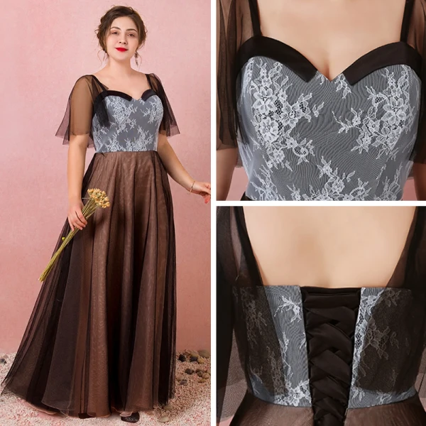 Classic Elegant Black Plus Size Evening Dresses 2018 Summer Tulle Lace-up V-Neck A-Line / Princess Appliques Backless Evening Party Formal Dresses