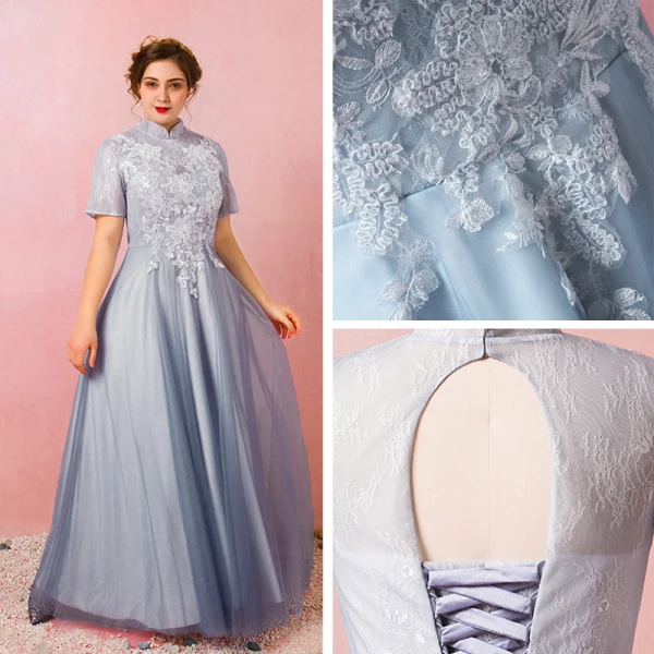 Chinese style Sky Blue Plus Size Prom Dresses 2018 A-Line / Princess Lace-up Tulle High Neck Appliques Backless Evening Party Prom Evening Dresses