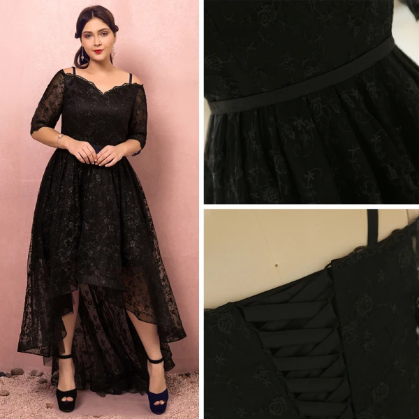 Chic / Beautiful Black Plus Size Cocktail Dresses 2018 1/2 Sleeves A-Line / Princess Lace-up V-Neck Tulle Appliques Backless Cocktail Party Formal Dresses