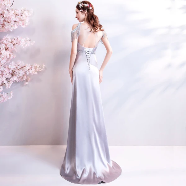 Amazing / Unique Trumpet / Mermaid Silver U-Neck 2018 Evening Dresses  Backless Beading Sequins Charmeuse Evening Party Formal Dresses