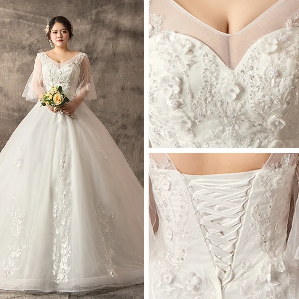 Chic / Belle Blanche Grande Taille Robe Boule Robe De Mariée 2019 V-Cou Dentelle Tulle Fait main Chapel Train Mariage