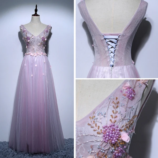 Fine Purple Selskapskjoler 2017 Prinsesse V-Hals Blonder Perle Ryggløse Appliques Beading Håndlaget Aften Formelle Kjoler
