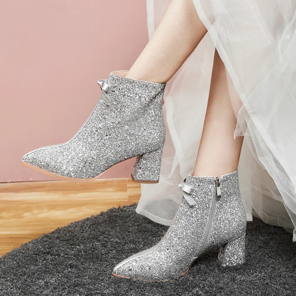 Scintillantes Bling Bling Doré Mariage Bottes 2020 Glitter Paillettes Polyester Bottines À Bout Pointu 6 cm Chaussure De Mariée