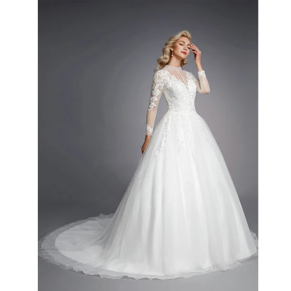 Luxury / Gorgeous White Wedding Dresses 2020 A-Line / Princess High Neck Long Sleeve 3D Lace Zipper Up Appliques Backless Beading Crystal Chapel Train Wedding