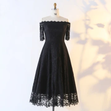 Sexy Stunning Black Evening Dresses 2020 A Line Princess 1 2 Sleeves Handmade Solid Color Tea Length Evening Party Outdoor Garden Summer Formal Dresses