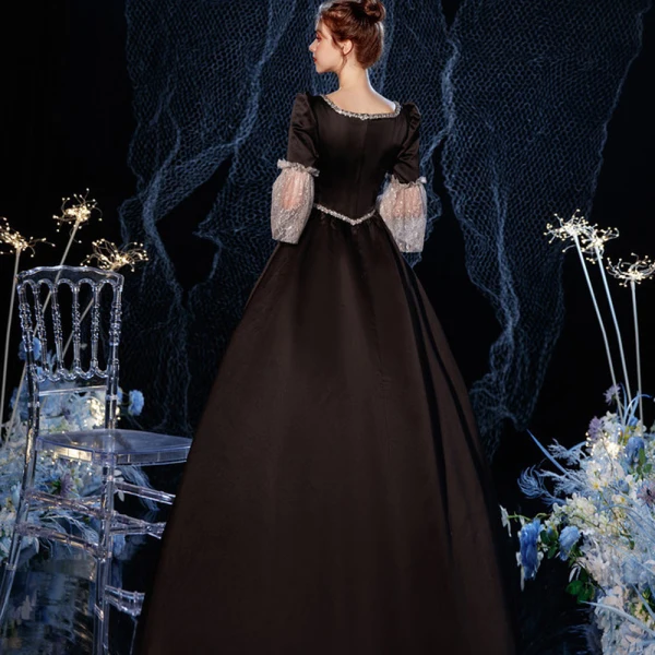 Vintage / Retro Medieval Gothic Black Red Ball Gown Prom Dresses 2021 Square Neckline Floor-Length / Long 1/2 Sleeves 3D Lace Sequins Cosplay Prom Formal Dresses