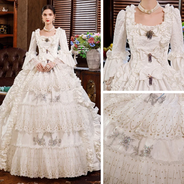 Vintage Middelalderlig Elegant Ivory Gallakjoler 2021 3D Blonde Beading Perle Pailletter Lange U-udskæring Cosplay Bryllups Dancing Vinter Langærmet Selskabskjoler