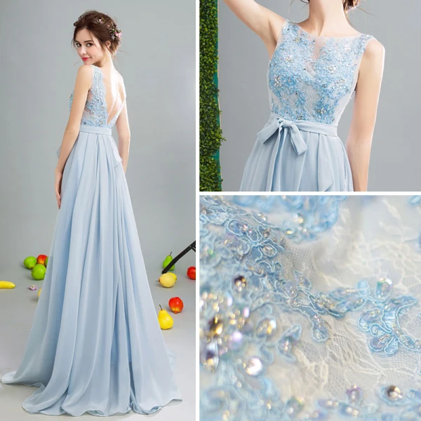 Schöne Himmelblau Abendkleider 2017 A Linie U-Ausschnitt Chiffon Handgefertigt Applikationen Rückenfreies Perlenstickerei Stickerei Abend Festliche Kleider