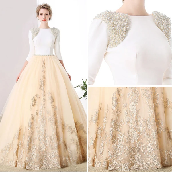 Luxury / Gorgeous Champagne Prom Dresses 2017 A-Line / Princess Lace V-Neck Beading Appliques Backless Handmade Evening Party Prom Formal Dresses