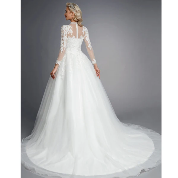 Luxury / Gorgeous White Wedding Dresses 2020 A-Line / Princess High Neck Long Sleeve 3D Lace Zipper Up Appliques Backless Beading Crystal Chapel Train Wedding